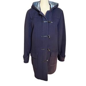 L.L. Bean Wool Duffle Coat Hooded Womens Medium Toggle Zip Navy Blue Peacoat